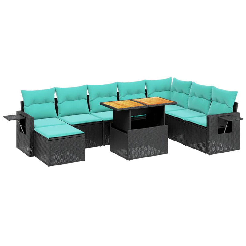  Ensemble de canapé de patio 9 pièces avec coussins en rotin de polyester, Noir, noir, noir, noir, Vert