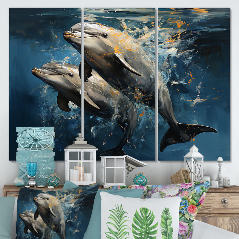 «Blue Dancing Dolphins I», art mural dauphin animaux, H 28 po x l 36 po