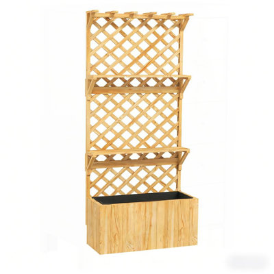 Wooden Planter, Raised Garden Bed with Trellis, Hanging Roof, Plant Shelf, Drainage Holes and Bed Liner for Vertical Gardening