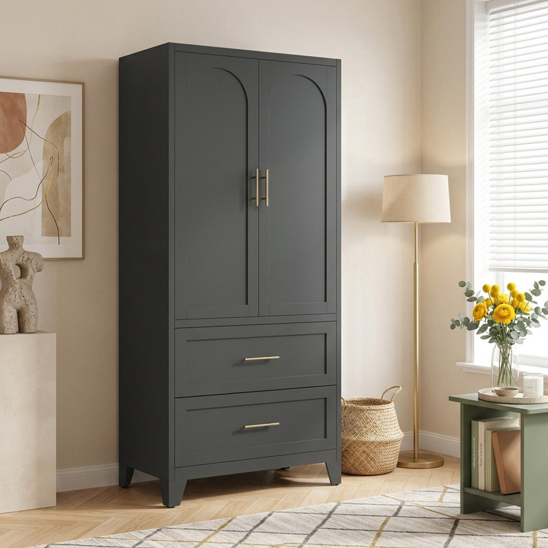 Armoire moderne autoportante de 45 cm de large avec 2 portes, 2 tiroirs et une tringle à vêtements, en acier noir.