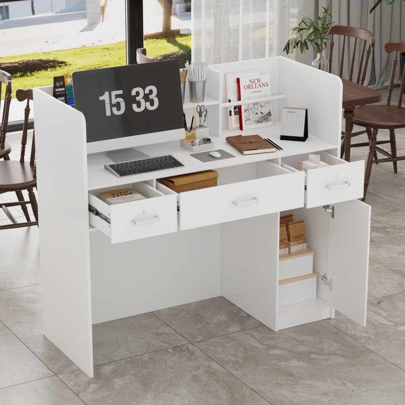 Reception Desk With Lockable Drawers Reception Counter Office Front Desk, White