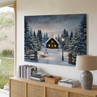 Reproduction d'art sur toile, "A Cozy Winter Scene mettant en vedette une cabane en rondins"