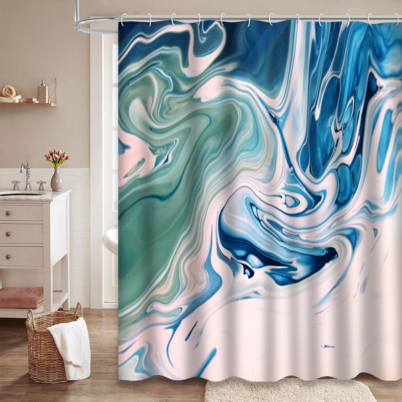 Rideau de douche rose, bleu, vert, agate et marbre avec 12 crochets, L 72 po x l 72 po
