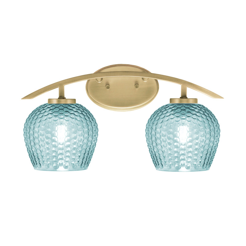 Kurve 2 Light Bath Bar Shown In New Age Brass Finish With  6" Turquoise Textured Glass