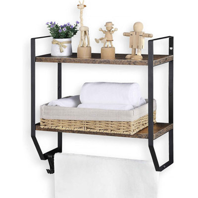 Wall Mounted 2-Tier Bathroom Shelf With Towel Bar & 5 Hooks, Rustic Towel Rack Storage Organizer For Bathroom, Kitchen, Living Room, Rustic Brown