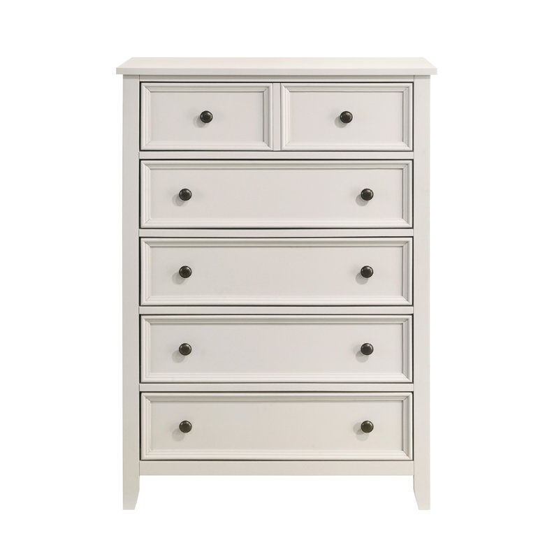 Commode haute Etgo, placage en mélamine blanche, 5 tiroirs