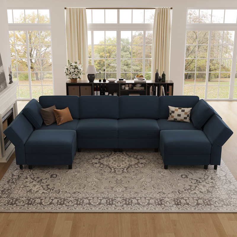 U-Shaped Modular Sectional Sofa Upholstered Couch With Storage Space, Blue Velvet