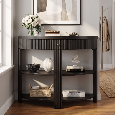 Fluted Half Moon Console Table with Drawer & 2 Open Shelves – Curved Entryway Table with 30mm Thick Tabletop for Hallway and Living Room