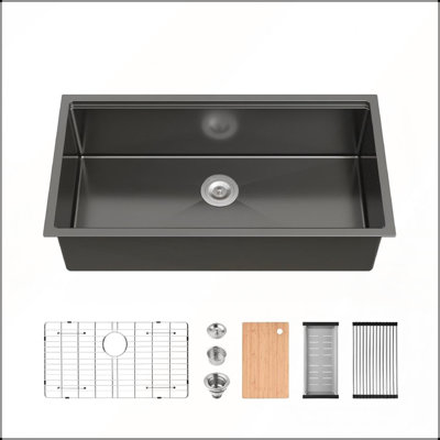 Évier de cuisine moderne fait à la main à simple cuve avec design encastré multifonctionnel et accessoires, acier inoxydable noir