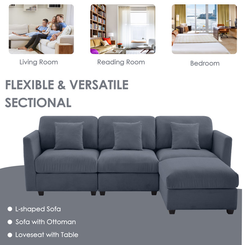 Virgus Corduroy Sectional, Dark Gray Corduroy