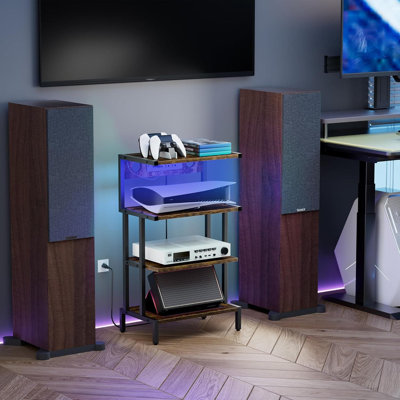 4-Tier Media Console Stand With Built-In Outlet & LED Light Strip - Gaming Storage Shelf For Audio Equipment, DVD Players And Entertainment Centers by Hokku Designs