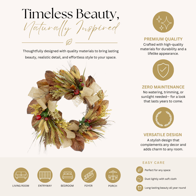 31" Fall Wreath Decorated With Heather, Astilbe, Wheat And Pears