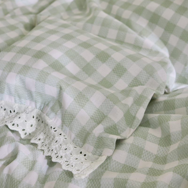 Painted Gingham Lace Reversible Cotton Duvet Cover Set, Super King, Green