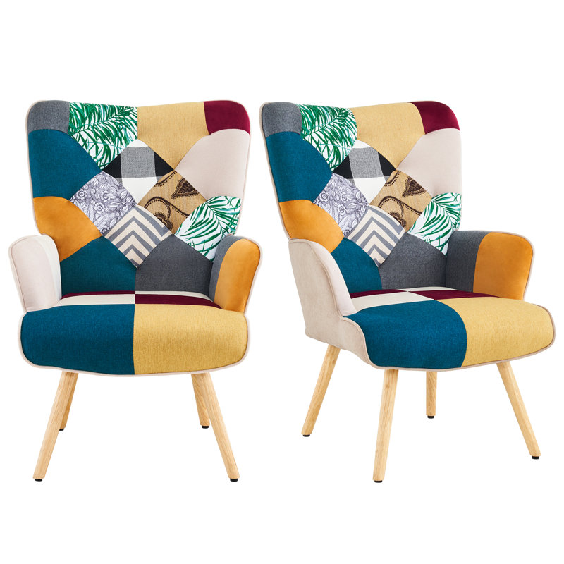 Accent Chair Modern High Back Arm Chair, Colorful Patchwork Reading Chairs (Set of 2)