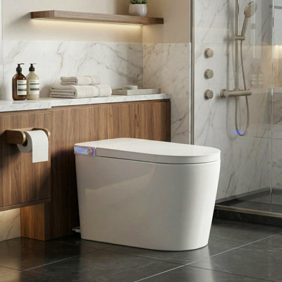 Toilette à affichage à DEL avec bidet intégré, toilette de bidet une pièce avec double chasse automatique, arôme intégré, toilette sans réservoir allongée moderne avec veilleuse, siège de bidet chauffé, eau chaude