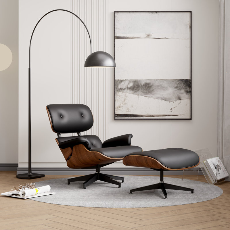 Modern Black Leather Upholstered Recliner Armchair with Ottoman