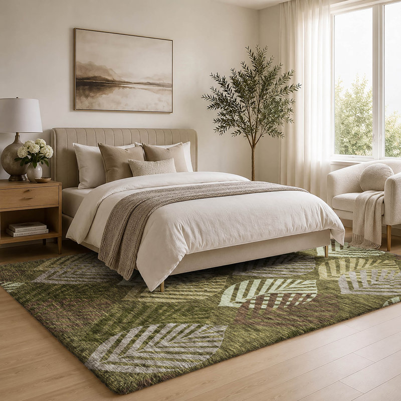 Tapis Dream Shag ADS744 de qualité supérieure, lavable à la machine et à motif floral, Olive, 3' x 5'
