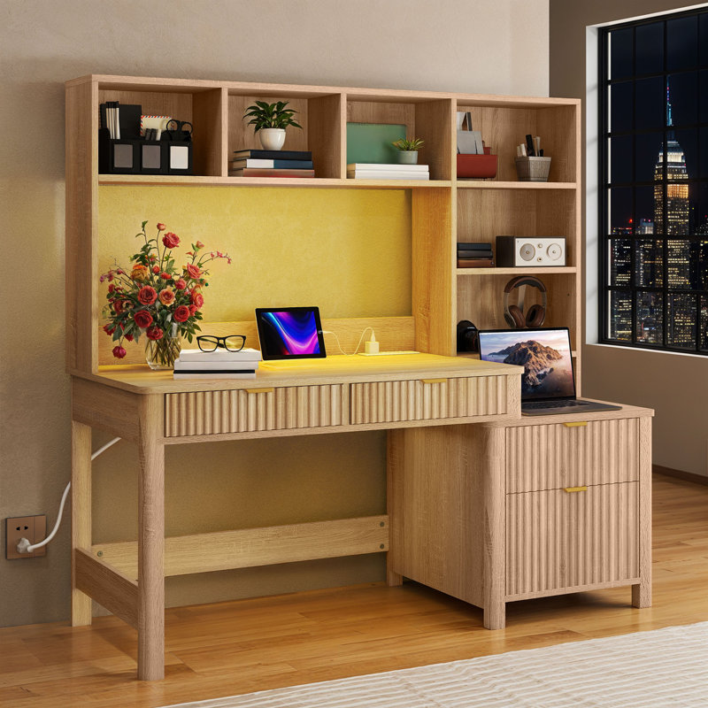 55'' Desk With Hutch, Power Outlets & LED Lights