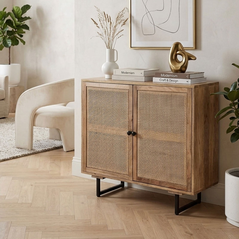 Noland 35 Inch  Brown Accent Cabinet with 2 Rattan Doors, Black Iron Legs