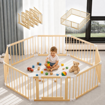 Large Foldable Wooden Playpen - Adjustable Solid Pine Wood Baby Gate with Door, Portable Safety Fence for Babies and Toddlers