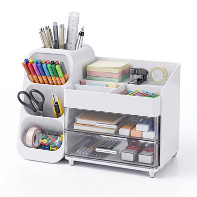 Desk Organizer with Pen Pencil Holder for Desk, Desktop Storage Organizer with 2 Drawers and 4 Compartments, Plastic Stationery Organizer for Office,