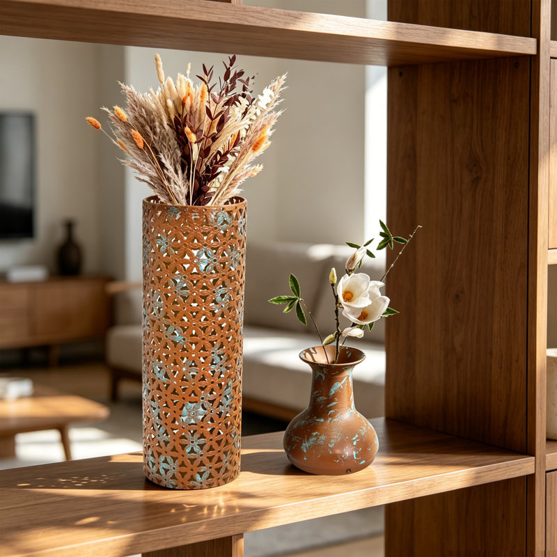 Vases de plancher décoratifs en métal et miroirs 3 pièces Glam, Brun rustique