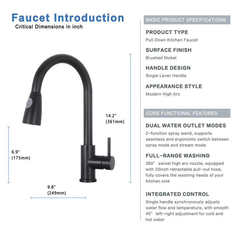 Brushed Nickel Kitchen Faucet With Pull Down Sprayers, Black
