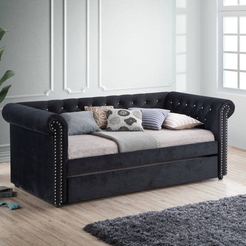 Luxueux 1Pc Modern Aesthetic Magnifiquement capitonné à boutons cloutés Design Lit de jour intégré Lit gigogne escamotable Espace de vie Chambre d'amis