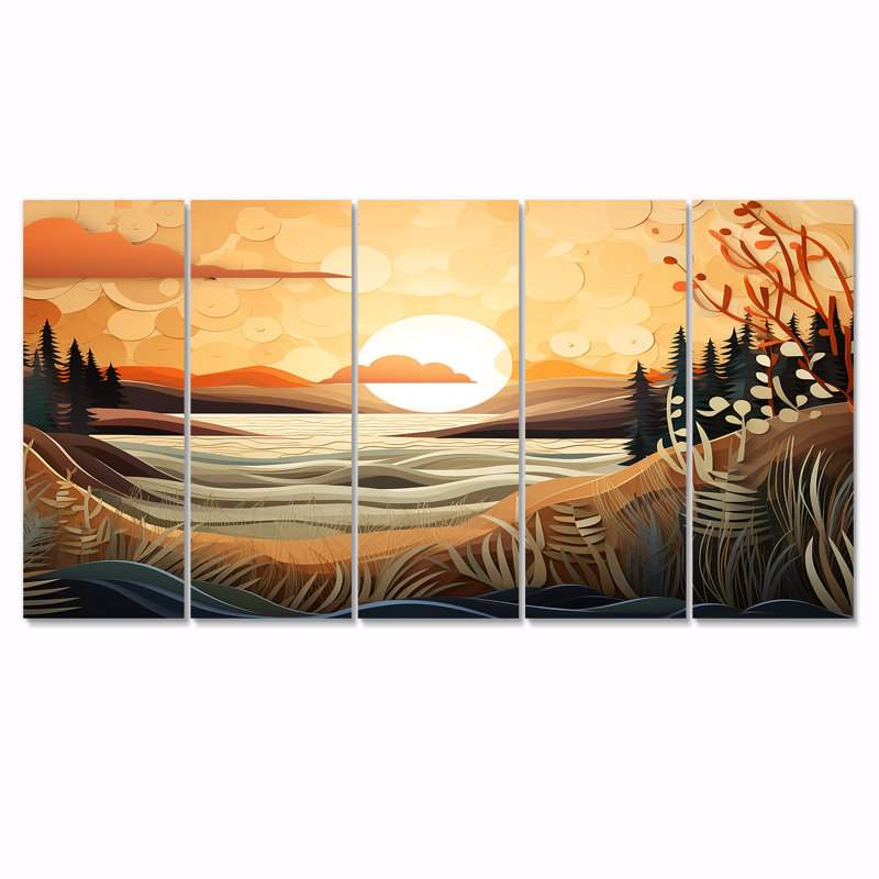 Arbres d'automne et plantes sous un coucher de soleil chaud - paysage abstrait, art mural, 5 pièces, H 28 po x l 60 po