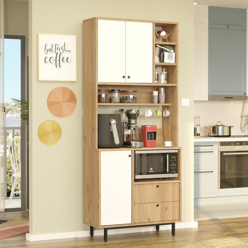 Armoire polyvalente moderne Colesen, chêne et blanc, 34,6 po x 80,7 po x 14 po | 100% panneau de particules enduit de mélamine, épaisseur: 0,7 pouce | Pieds en métal, nombreuses tablettes, fixation murale | Conception scandinave pour des solutions de rangement élégantes