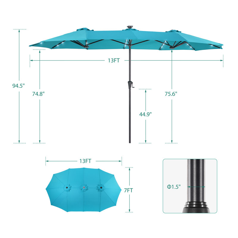 Parasol 13 x 7,2 pi DEL double face pour patio, parasol simple Market, Lac bleu