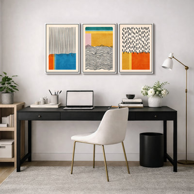Abstract Vibrant Color Blocks "Mid-century Modern Colorful Blocks Artwork, Multicolor Geometric Wall Pictures, Large Framed Canvas Giclee Print 3 Pieces Wall Art Set"
