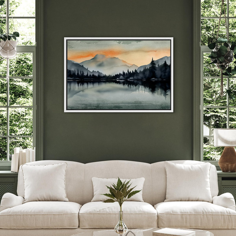 Paysage de forêt Woodland «Crimson Twilight Sunrise Mountain Lake» sur, Cadre flottant blanc, H 24 po x l 36 po