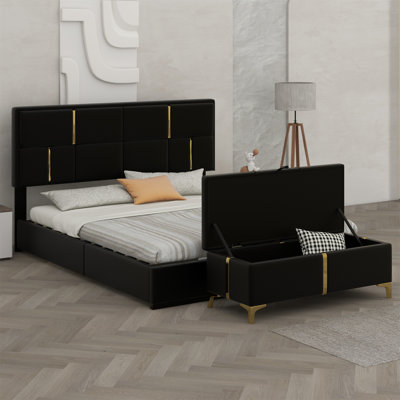 Ensemble de chambre à coucher 2 pièces, lit plateforme tapissier avec système de rangement hydraulique, repose-pieds de rangement avec pieds en métal