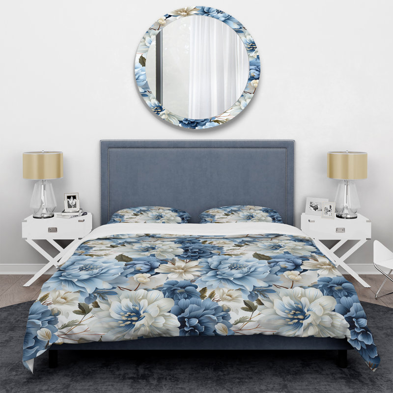 Ensemble de housse de couette à motif floral victorien bleu et blanc II, Housse de couette simple + 1 taie décorative stan