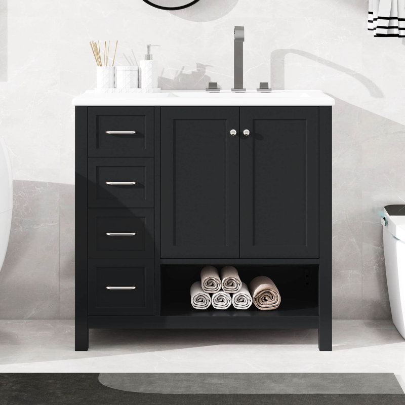 Meuble-lavabo simple 36 po avec lavabo 36 po, 2 tiroirs, 2 portes et tablette ouverte, Noir
