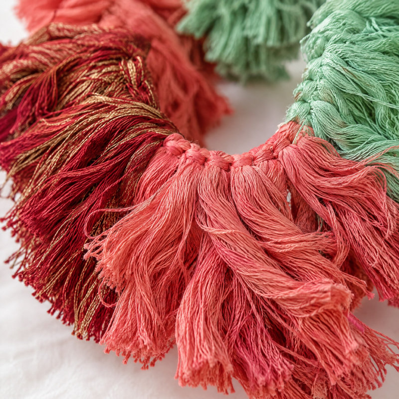 Hand-Woven Cotton Fringe Holiday Garland with Metallic Gold Thread
