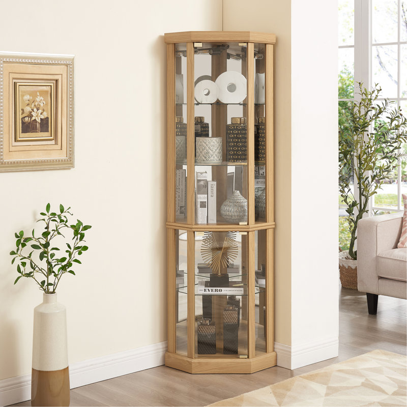 Lighted Corner Curio Cabinet - Elegant Glass Display Case For Living Room & Bar Storage - Perfect For Antique Collections & Wine - Includes Built-In Lighting - Light Oak Finish