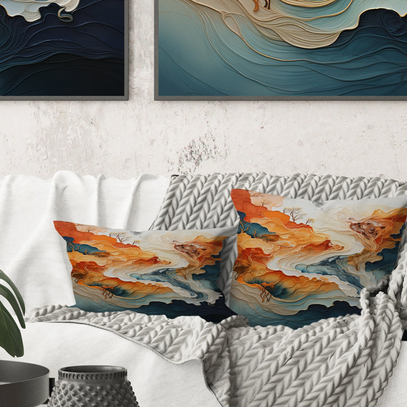 Coussin décoratif abstrait à imprimé abstrait orange et bleu River I