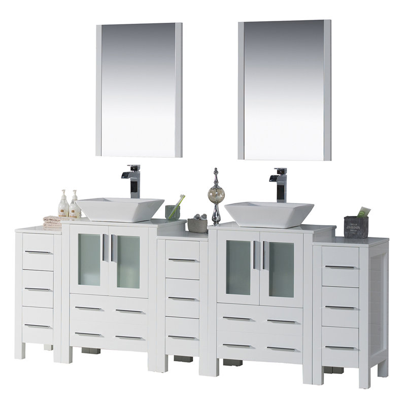 Mance 84.88'' Double Bathroom Vanity with Ceramic Top, Glossy White