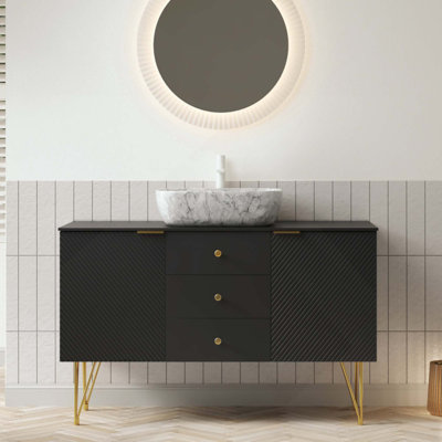 Meuble-lavabo de salle de bain avec lavabo, armoire de rangement autoportante en contreplaqué avec pieds, 3 tiroirs et 2 portes vasque en céramique à motif marbré et plateau en pierre frittée, pré-assemblé