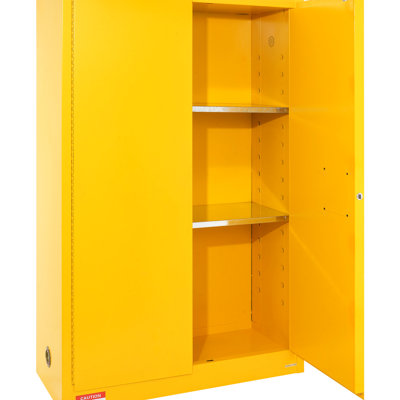 Rangement en acier pour acier inoxydable de 45 gallons, 42,9 x 18,1 65,2 po, preuve, jaune, utilisation industrielle, 2 tablettes réglables, portes manuelles, ventilation, 3 systèmes de verrouillage, réservoir de collecte, armoire de mise à la terre