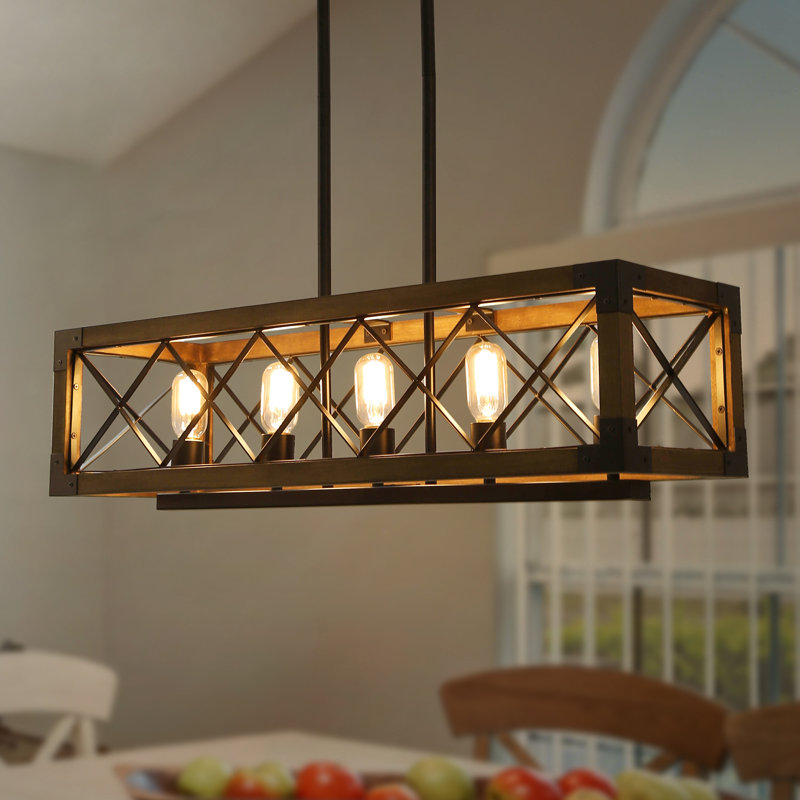 Lustre carré / rectangulaire en bois à 5 lumières pour îlot de cuisine Jersie, Bois antique