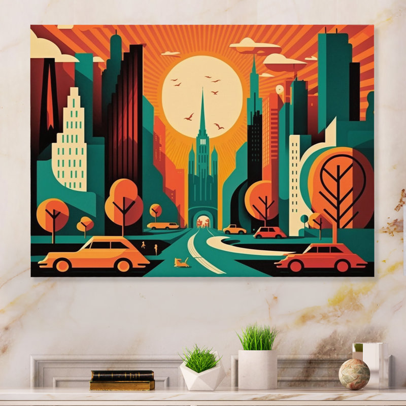Futuriste paysage urbain III - reproduction sur toile, H 12 po x l 20 po x P 1 po, Toile tendue