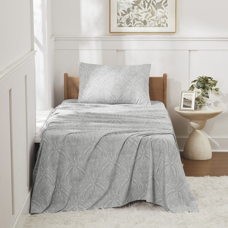 Microfiber Paisley Sheet Set, Gray, Twin Sheet Set with 1 Pillowcase