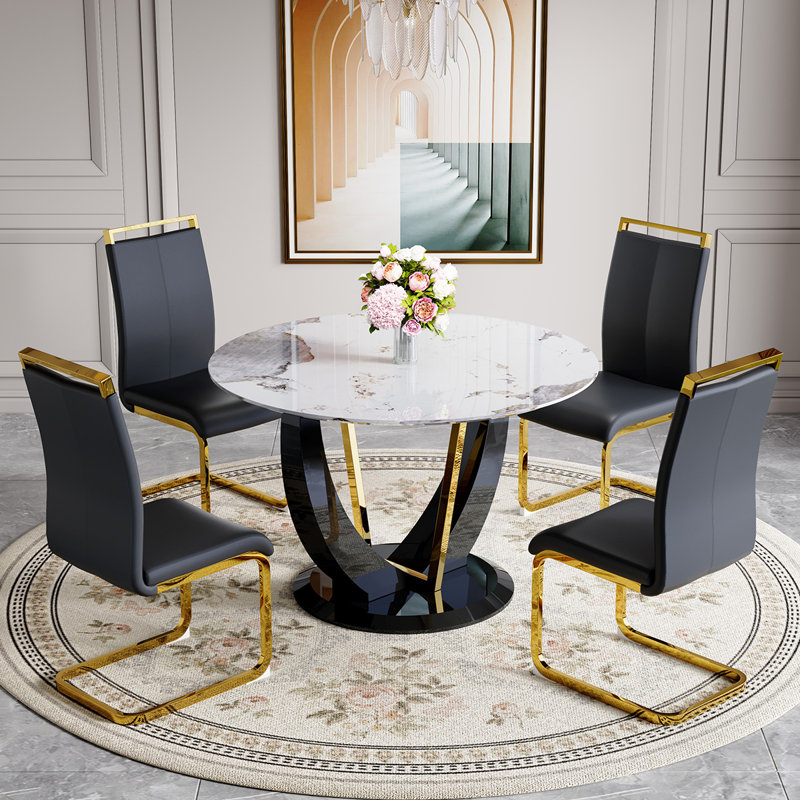 Ensemble de table ronde, 5 pièces: table, 4 chaises, Noir