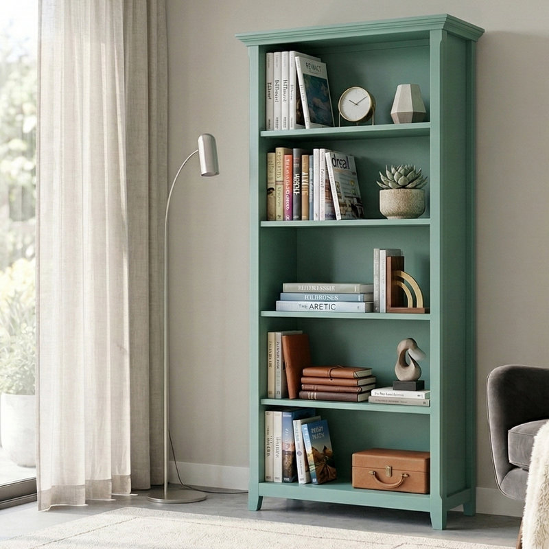 Amherst 70"H Solid Wood Transitional 5-Shelf Bookcase With Crown Molding And Adjustable Shelves, Sage Green