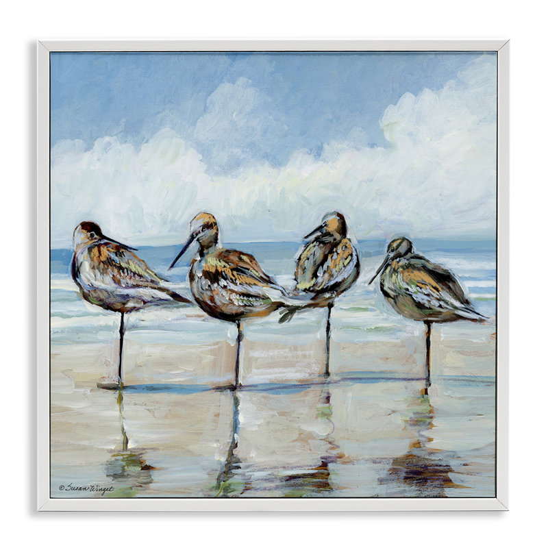 Sandpipers Balancing On Beach, estampe numérique, design par Susan Winget, H 12 po x l 12 po, Encadrement giclée blanc côtier