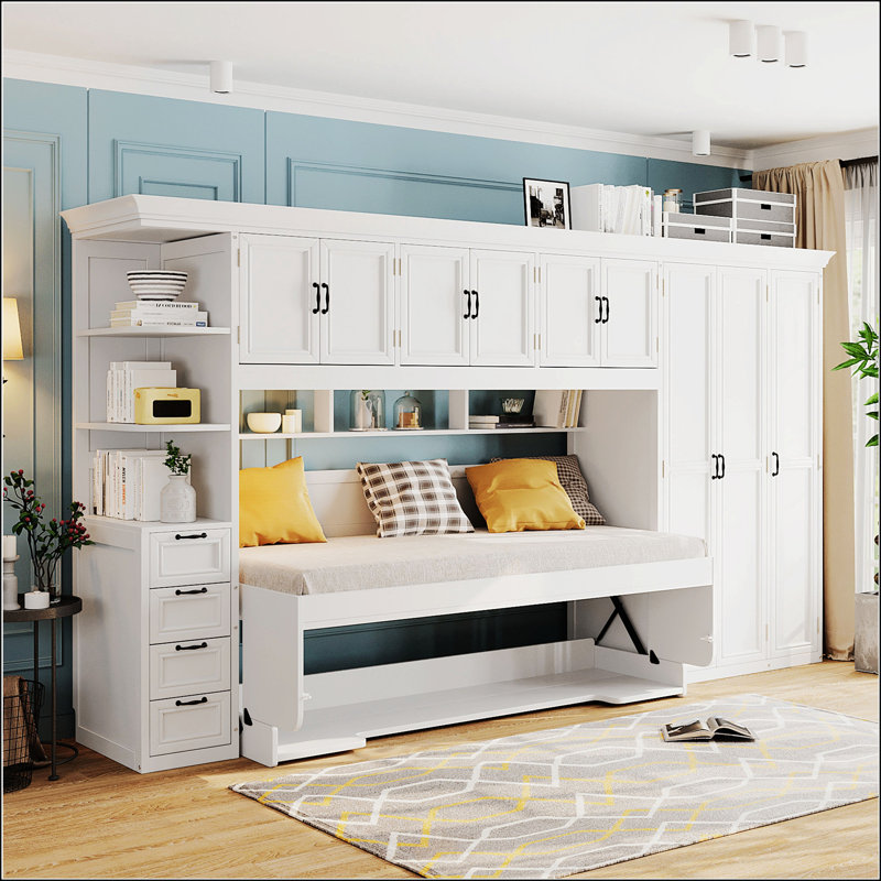 Lit escamotable simple avec armoire murale, Blanc