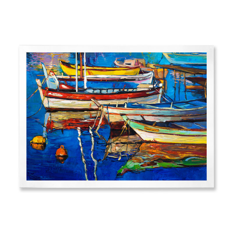 Bateaux reposant sur l'eau près de la ville côtière II - peinture sur toile, H 30 po x l 40 po x 1,5 po, Cadre photo blanc